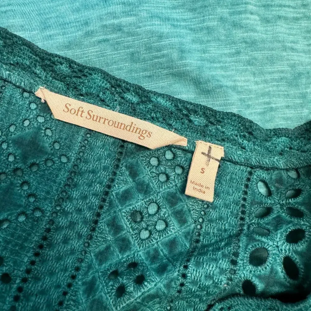 Soft Surroundings Teal Eyelet Knit Boho V-cut Quarter Sleeves Top Women's sz S - Picture 2 of 10